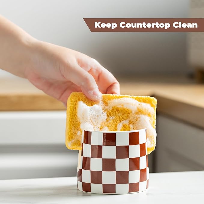 Checkered Sponge Holder for Kitchen Sink, Ceramic Dish Sponge Drying Caddy - Image 6