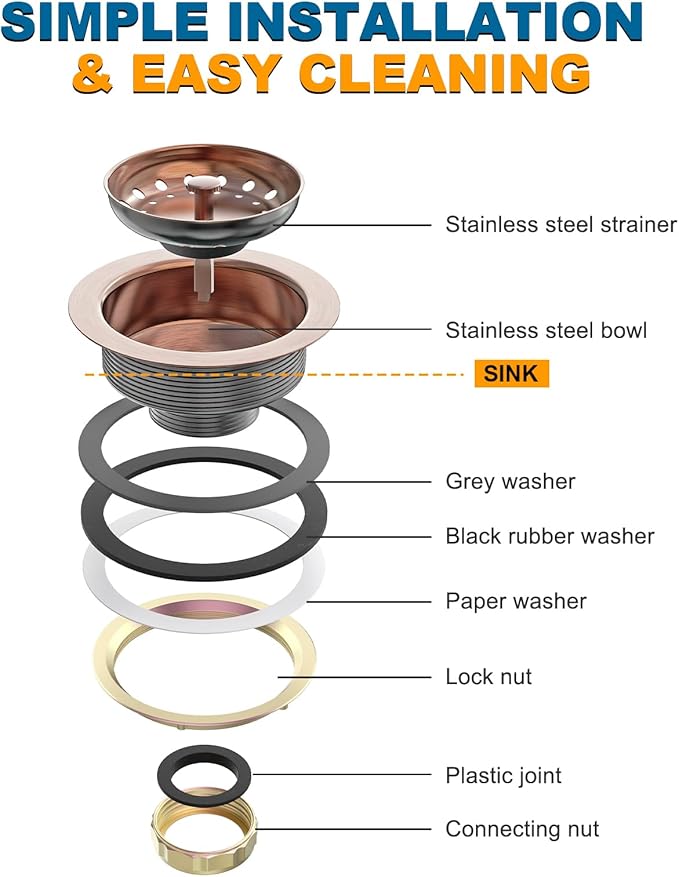 BOTEMY Stainless Steel Copper Sink Drain Strainer Kit 3-1/2 inch Kitchen Drain - Image 6