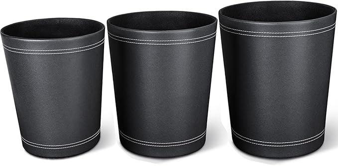 KINGFOM 3 Pack PU Leather Small Office Trash Can Wastebasket, Round Garbage by KingfomLeatherHomeOfficeDecor