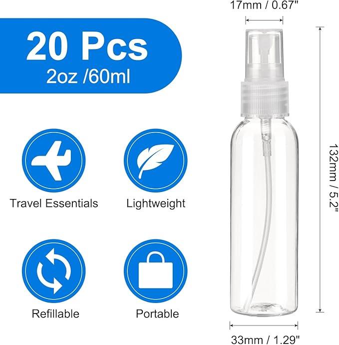 uxcell 20Pack Spray Bottles, 2Oz/60ML Reusable Clear Empty Mist Plastic Mini - Image 2