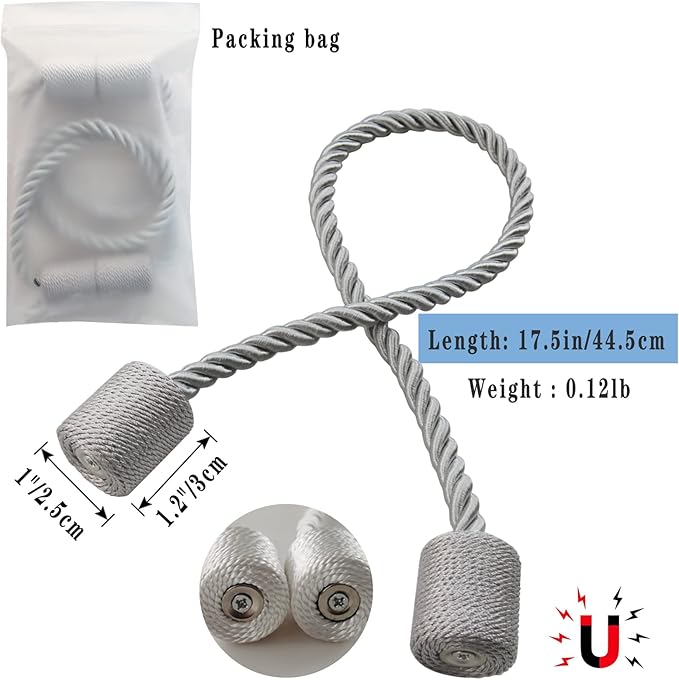 Magnetic Curtain Tiebacks 2 Pack Grey Curtain Rope Tieback Curtain Holders - Image 2
