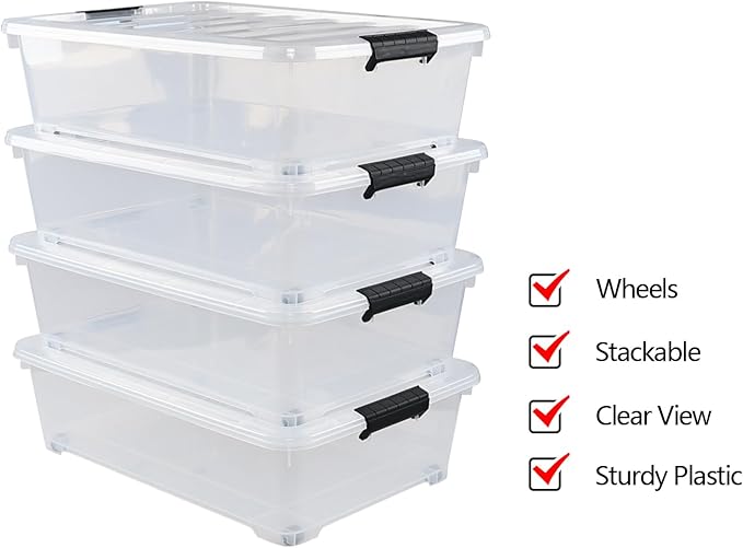 25 L Plastic Sturdy Rolling Under Bed Storage Container Bins, 4 Packs - Image 4