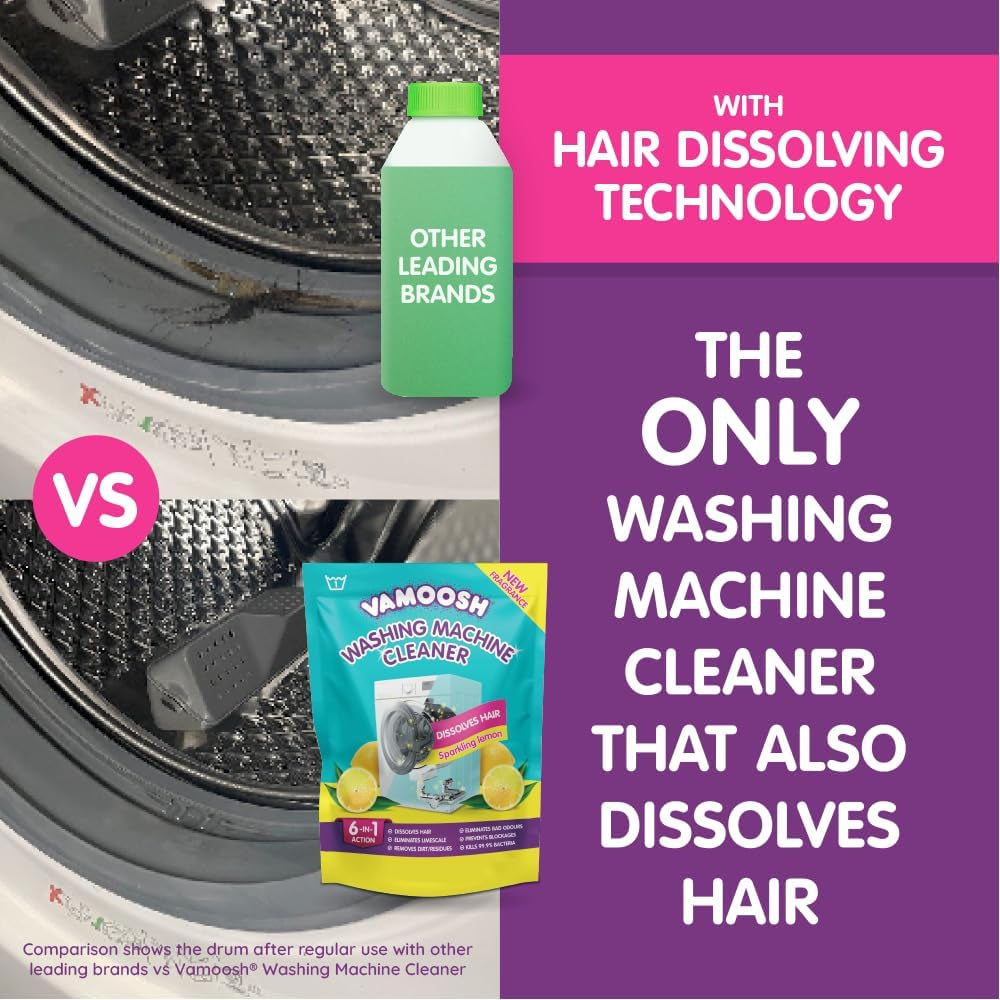 6-In-1 Washing Machine Cleaner | for Front & Top Load Washers | Lemon Fresh Scent | Patented Hair Dissolving Technology | Removes Limescale | Made in UK | No Harmful Chemicals | 2X150G