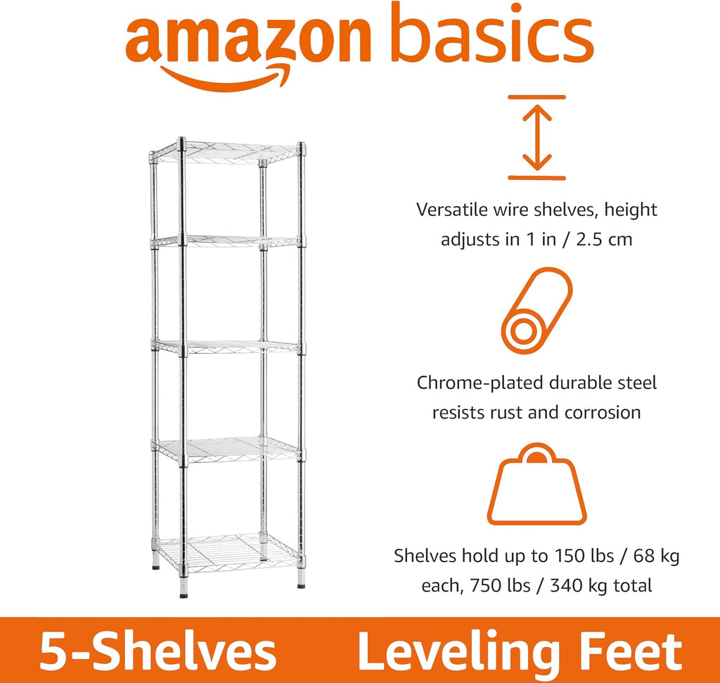 5-Shelf Tower Adjustable Storage Shelving Unit, Chrome, 16" X 16" X 54", 150 Lbs per Shelf