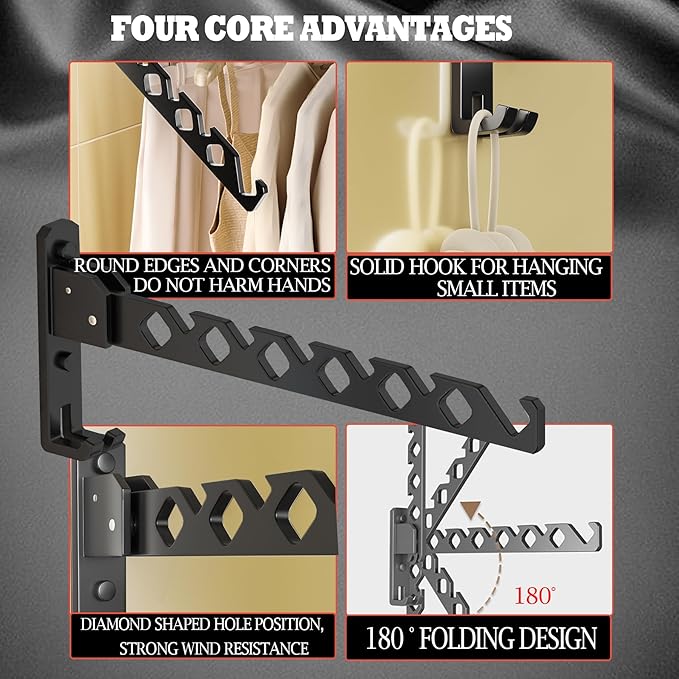 Wall Mount Coat Hanger Holder Black Clothes Drying Organizer Rack Garment Hooks - Image 2