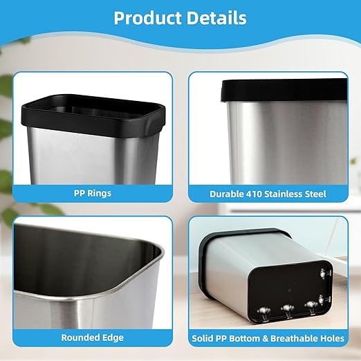 2 Pack Stainless Steel Trash Can 2 Gallon, Open Top Trash Can, Rectangle - Image 5