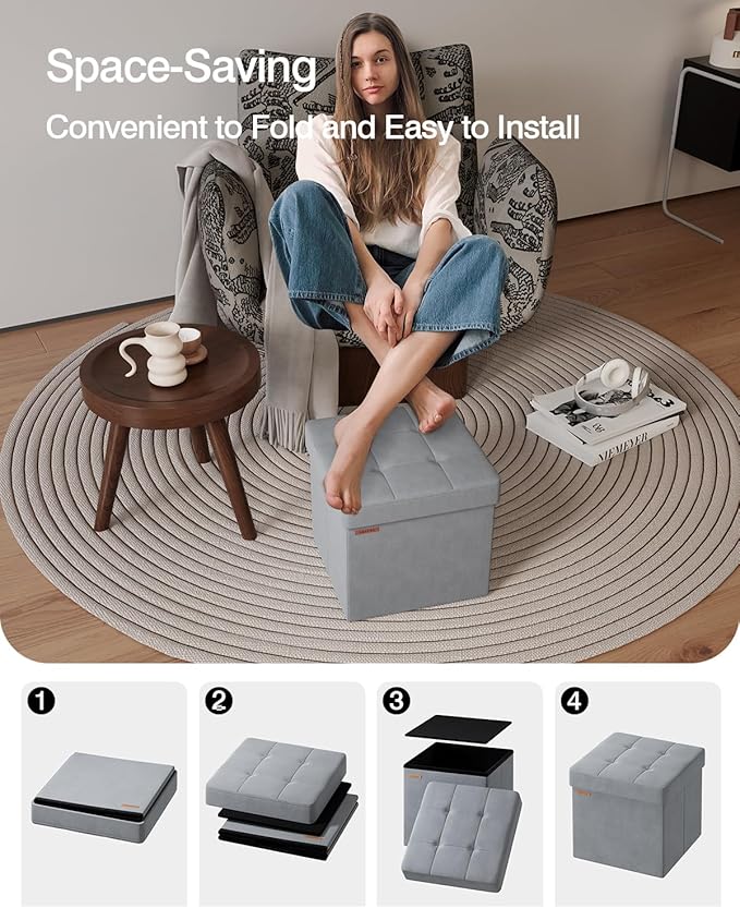 Folding Storage Ottoman, Velvet Storage Bench, - Image 4