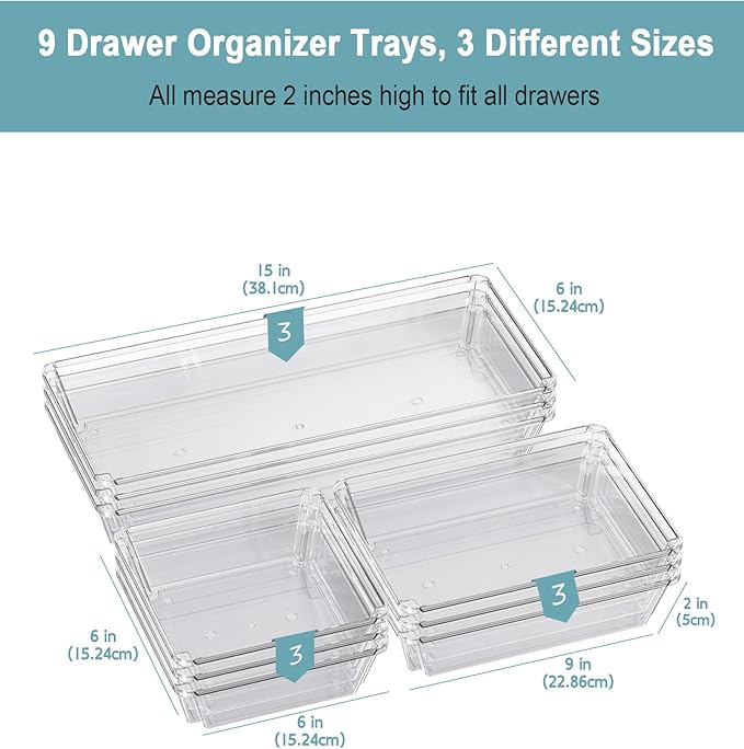 9 Pack Large Clear Plastic Drawer Organizer Trays, Desk Drawer Organizers and - Image 2