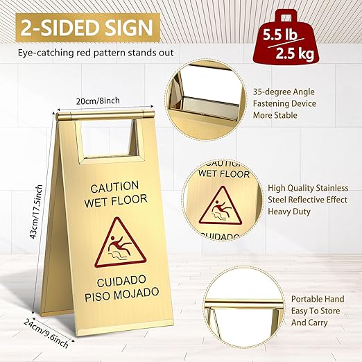 Kigley 2 Pcs Wet Floor Sign, 17 Inch Stainless Steel Caution Wet Floor Sign - Image 2