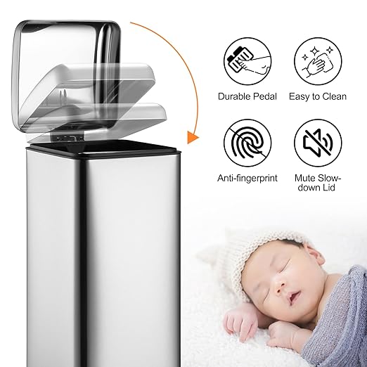8 Gal/30L Slim Trash Can, Rectangular Step-On Stainless Steel Garbage Can - Image 4