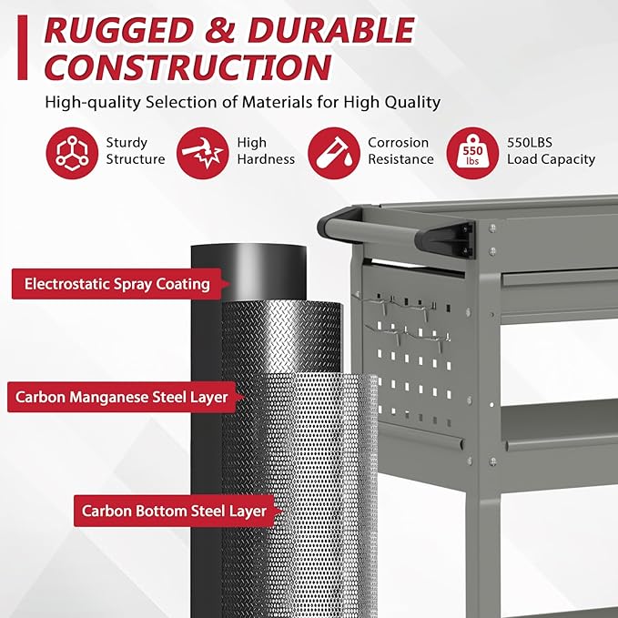 3 Tier Rolling Tool Cart on Wheels, Heavy Duty Industrial Utility Cart Service - Image 2