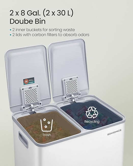 SONGMICS Trash Can, 2 x 8 Gallon Dual-Compartment Garbage Can - Image 3