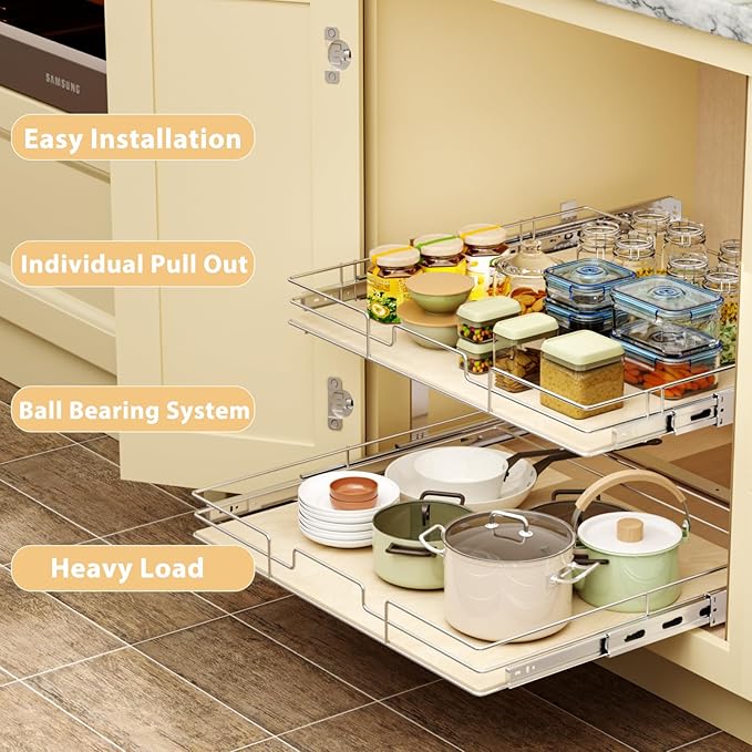 ROOMTEC 2 Tier Individual Pull Out Cabinet Organizer 22½"W x 21½"D, Slide Out - Image 5