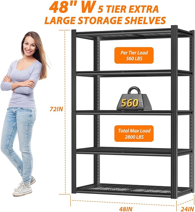 48" W Garage Shelving Heavy Duty, 2800LBS Storage Shelves, 5-Tier Adjustable - Image 4