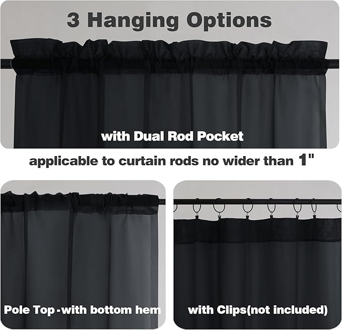 Chyhomenyc Black Sheer Curtains 96 inches Long Window Draperies 2 Panels - Image 3