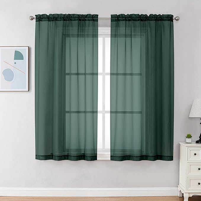 Chyhomenyc Hunter Green Sheer Curtains 54 Inch Long 2 Panels Set, Short Voile by Chyhomenyc