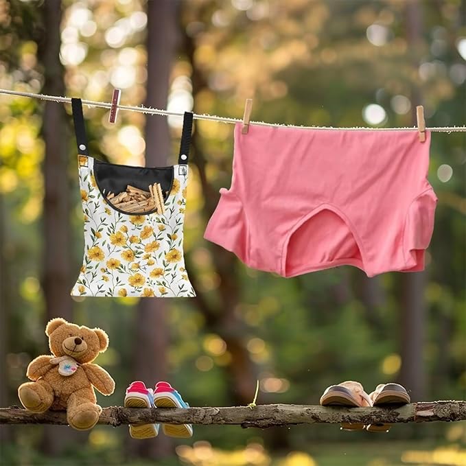 Yellow Floral Clothespin Bag Space-Saving Laundry Hanging Storage Organizer - Image 4