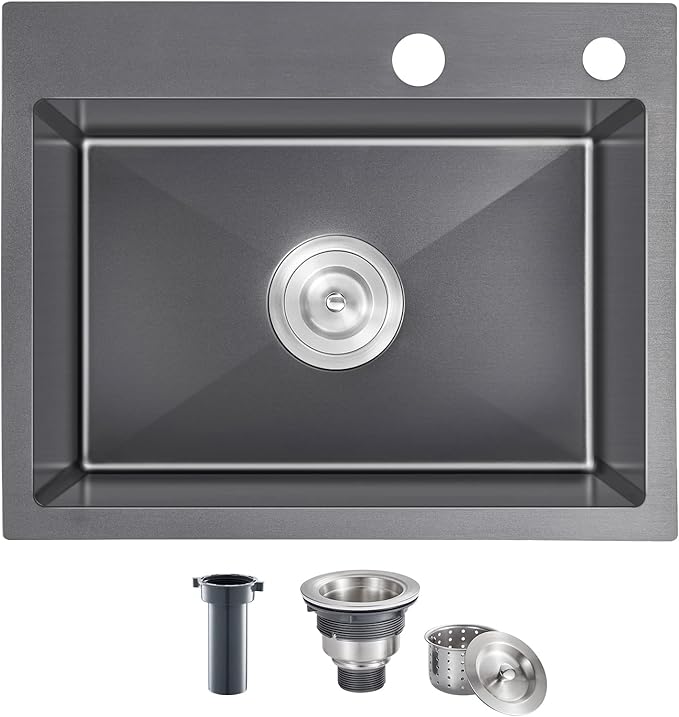 22x18 Inch Drop in Kitchen Sink, Handmade 304 Black Stainless Steel Sink by OUGOO