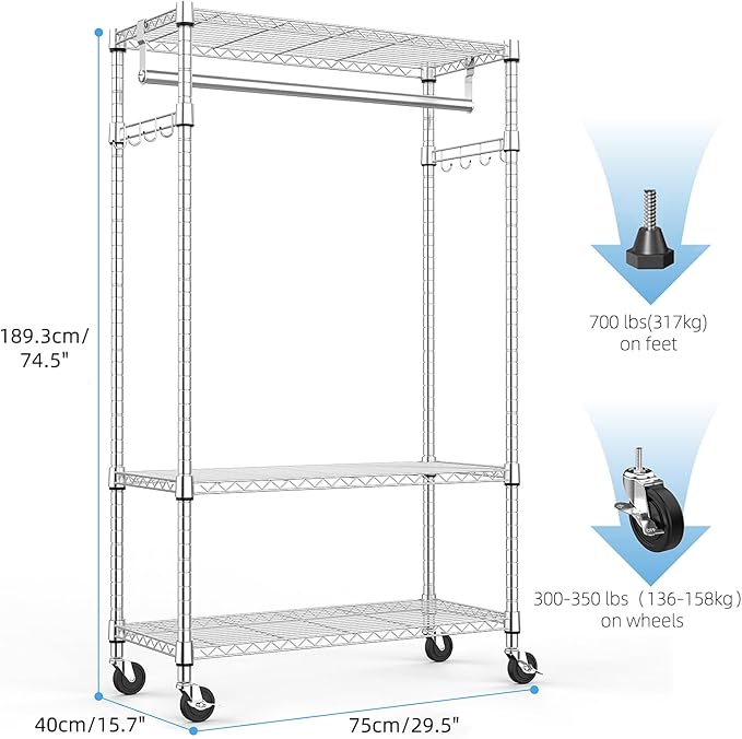 Heavy Duty Rolling Garment Rack 3 Tiers Adjustable Wire Shelving Clothes Rack - Image 6