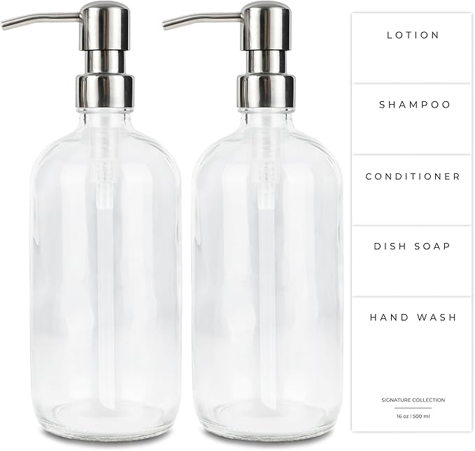 Emerson Essentials Glass Soap Bottle Dispensers, 2 Pack, Stainless-Steel Pumps by Emerson+Essentials