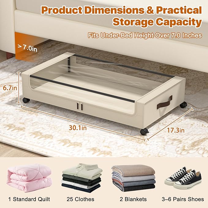 Under Bed Storage with Wheels, XXL 60L Under Bed Storage Containers with Clear - Image 2