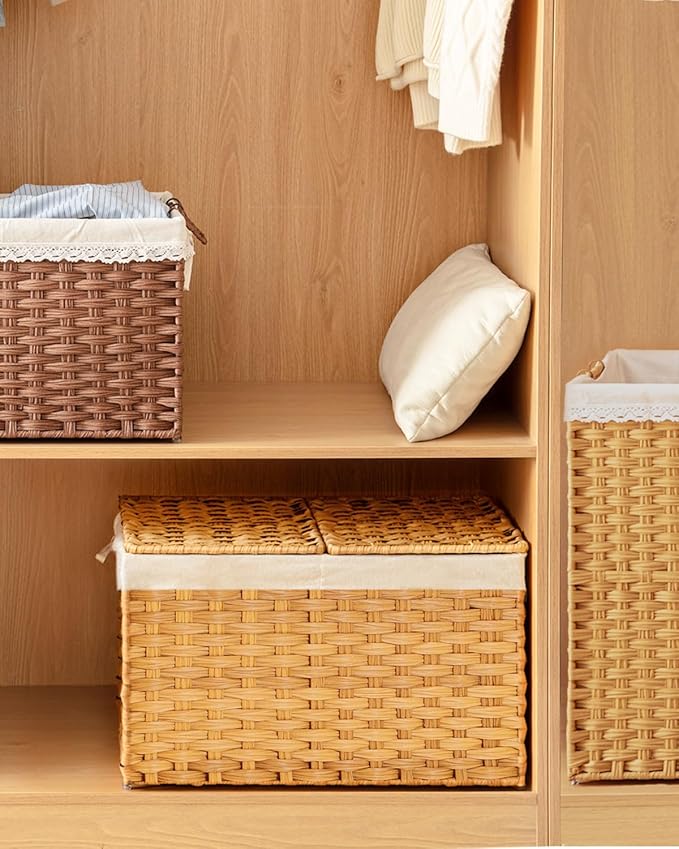 Storage Basket with Lid Rattan Storage Basket with 2 Separate Lid, 27.8 Gallon - Image 7
