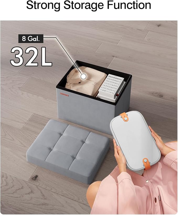 Folding Storage Ottoman, Velvet Storage Bench, Foot Stool, - Image 5
