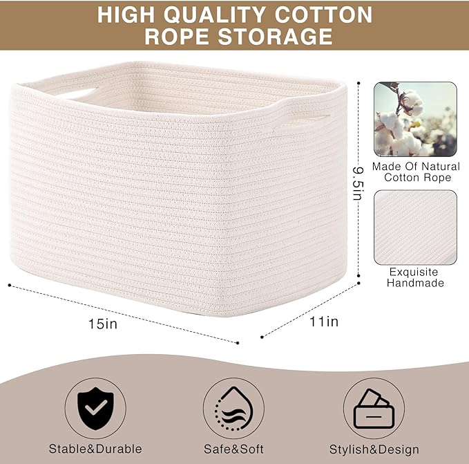 Storage Baskets for Organizing Shelves, Woven Cotton Rope Bins for Baby Nursery - Image 3