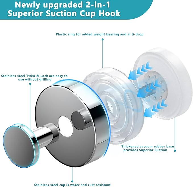 Suction Cup Hooks for Shower, Removable No Drill Towel Hooks, Upgraded 15 lbs - Image 2