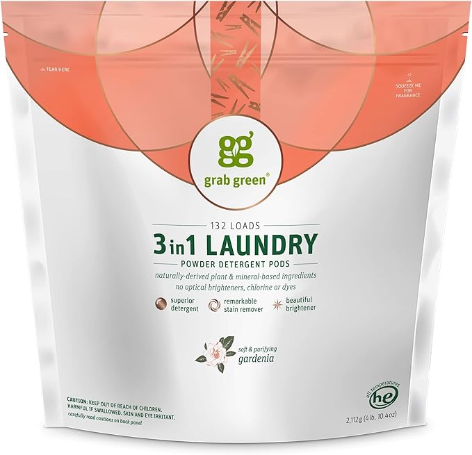 Grab Green 3-in-1 Laundry Detergent Pods, Gardenia Scent, Plant and Mineral by GrabGreen