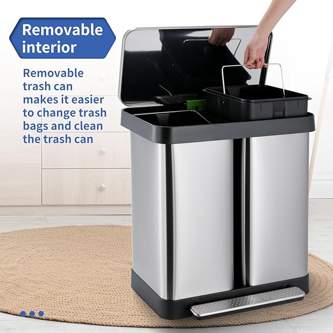 16 Gallon Dual Compartment Trash Can, Hands-Free Recycling Rectangular Garbage - Image 5