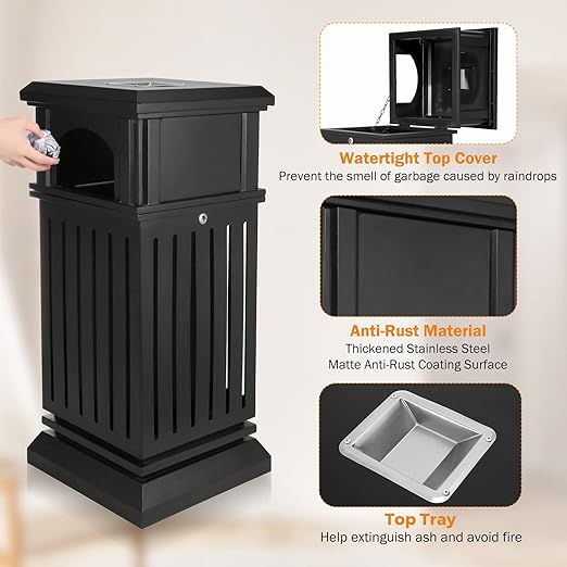 BEAMNOVA Trash Can Outdoor Top Tray Matte Black Stainless Steel Commercial - Image 4
