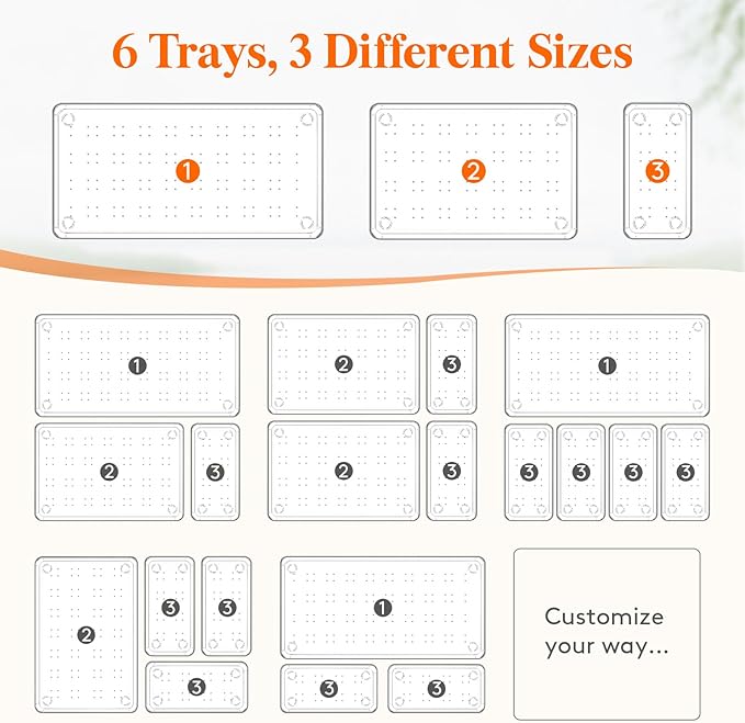 Lifewit 6 Pcs Large Bathroom Drawer Organizers, 3 Sizes Clear Plastic Storage - Image 3