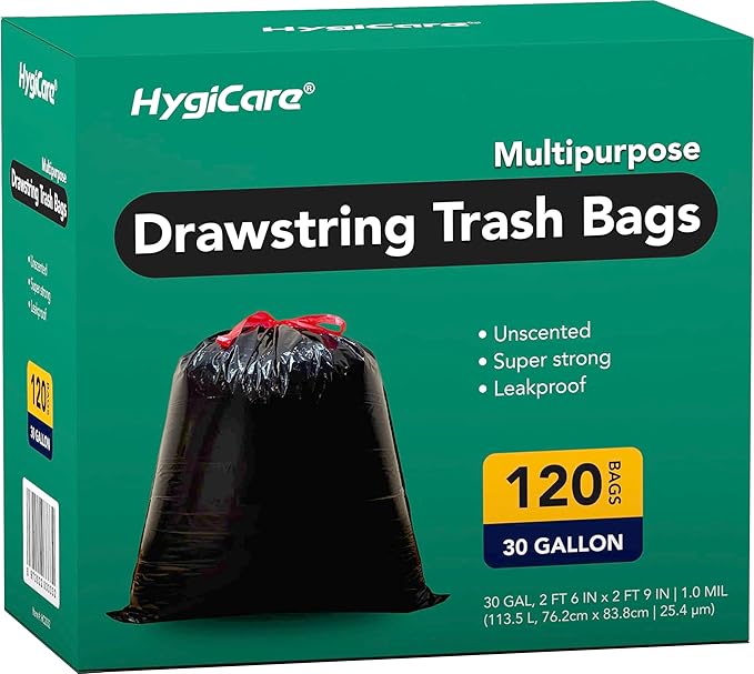 Ultra Strong 30 Gallon Trash Bags, Unscented 120 Count Drawstring Garbage Bags by HygiCare