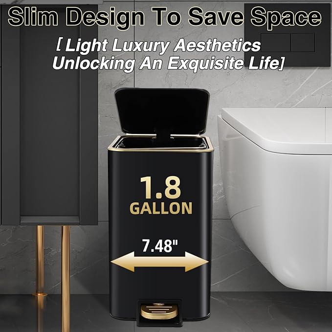Small Bathroom Trash Can with Lid Soft Close, 1.8 Gallon Stainless Steel - Image 2