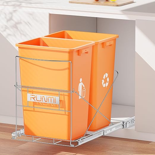 Double 37 Quart Pull Out Trash Can Under Cabinet, Under Sink Trash Rack by RUNMI
