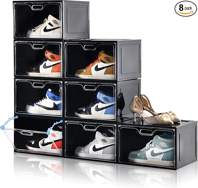 8 Pack Shoe Boxes Black Plastic Stackable, Large Shoe Storage Organizer by Amllas