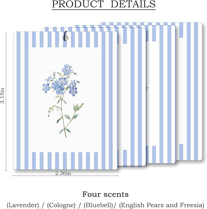 Rustic Blue Floral Car Air Freshener 4 Pcs, Preppy Blue Striped Flower Hanging - Image 4