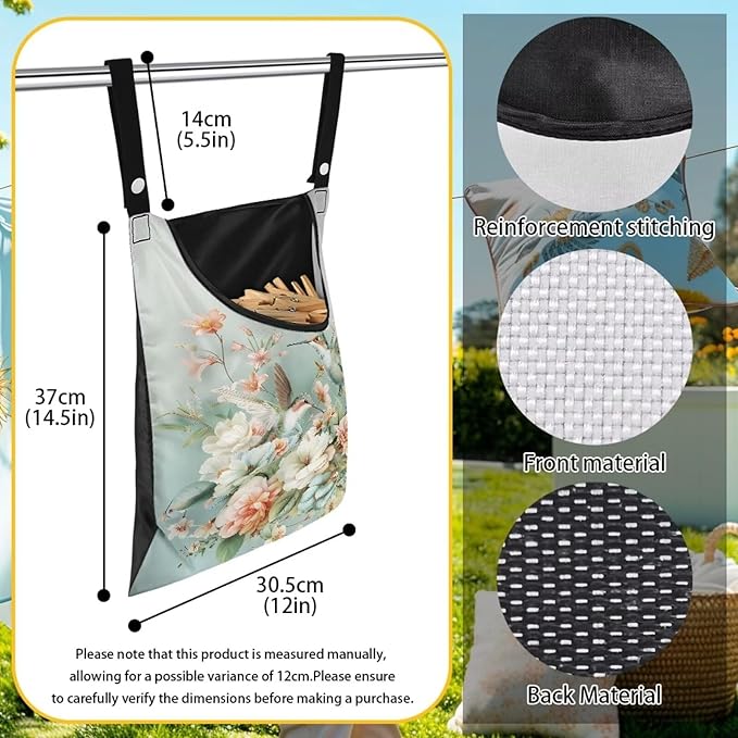 Hummingbird Floral Clothes Pin Bag to Hang On Line Reusable Clothespin Holder - Image 6