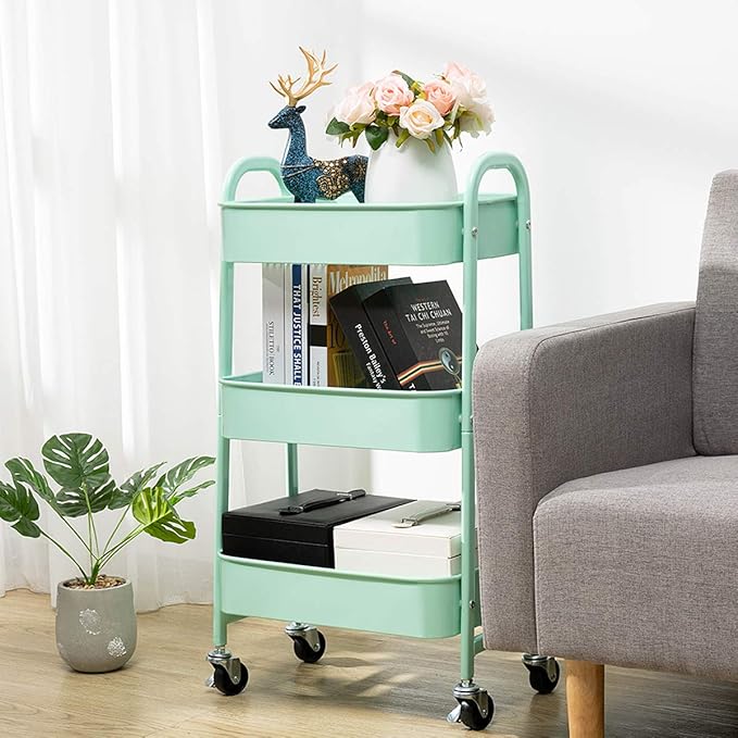 AGTEK Makeup Cart, Movable Rolling Organizer Cart, Macaron Blue 3 Tier Metal - Image 4