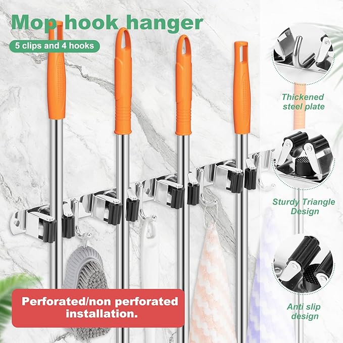 2Pcs 5 Racks 4 Hooks Stainless Steel Broom Mop Holder Anti Slip Wall Mount - Image 3