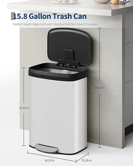 16 Gallon Trash Can, Stainless Steel Kitchen Garbage Can, Recycling or Waste Bin - Image 2