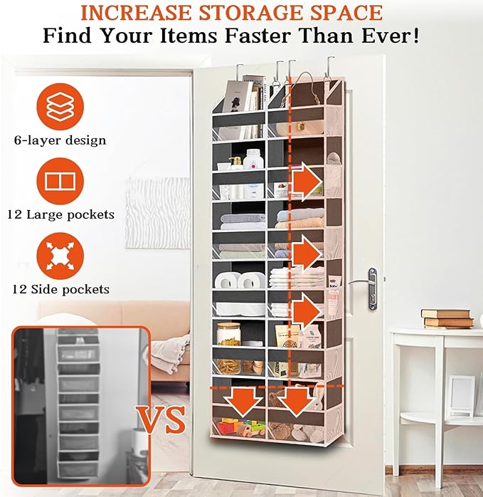 Over the Door Organizer 6 Tiers, Extra Large Behind Door Storage of 12 - Image 2