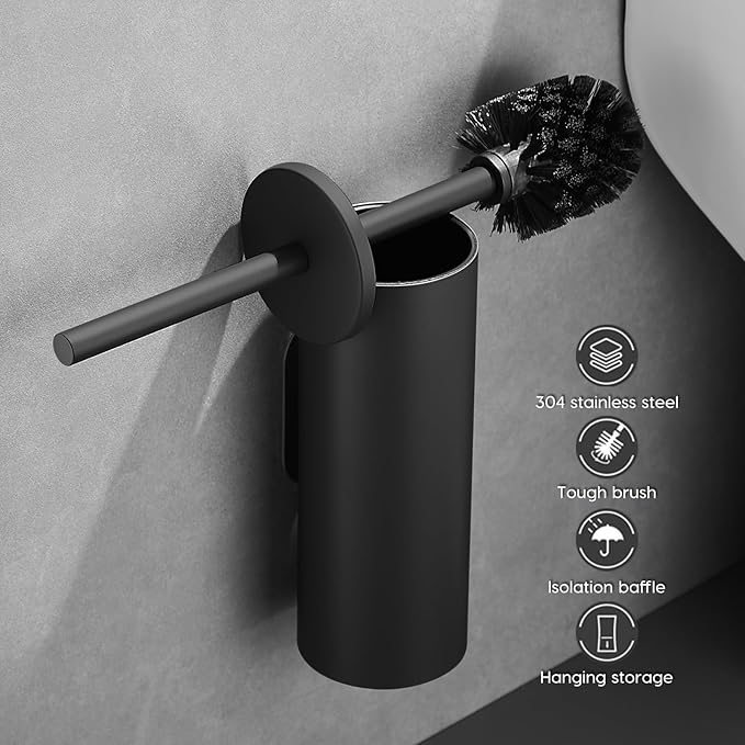 Toilet Bowl Brush and Holder, 304 Stainless Steel No-Punch Hook Base Dual - Image 6