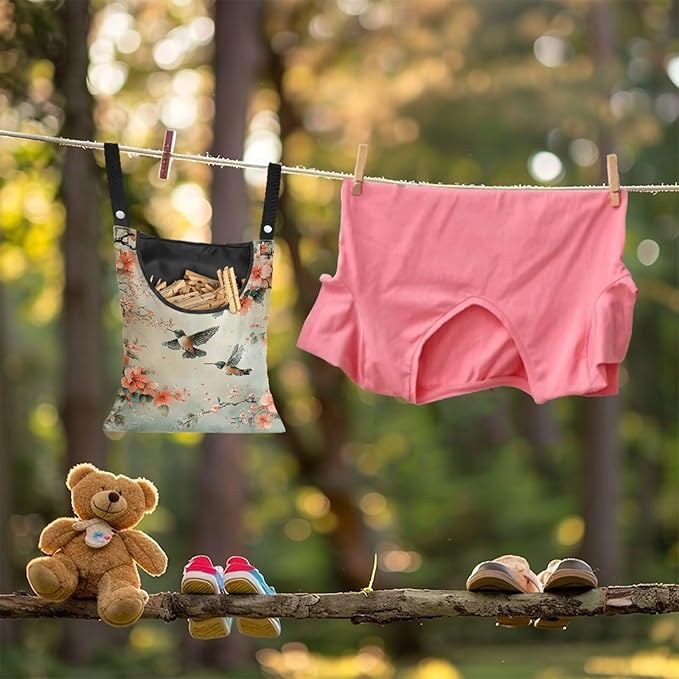 2 Pcs Hummingbird and Flowers Clothes Pin Bag, Small Hanging Laundry Bag - Image 3