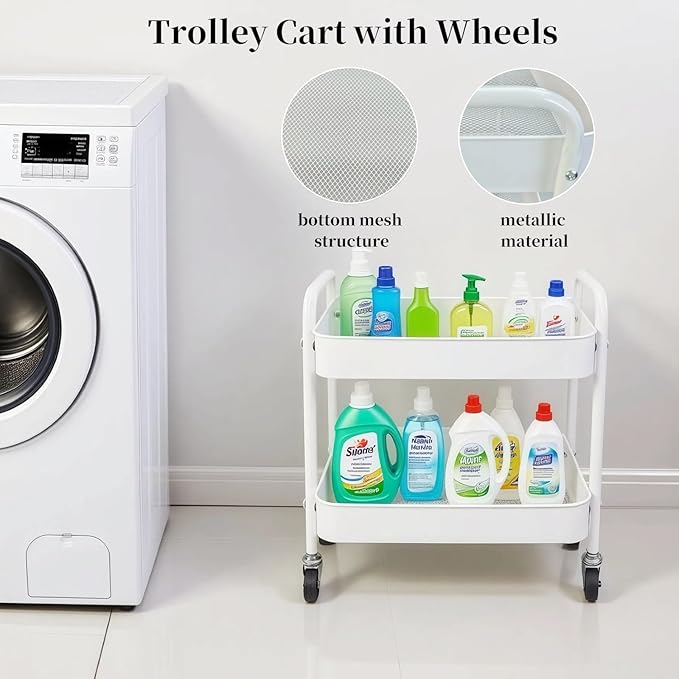 2 Tier Metal Rolling Cart with Wheels - Image 3