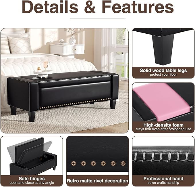 48.8" Storage Ottoman Bench Black | Faux Leather Bedroom Bench - Image 5