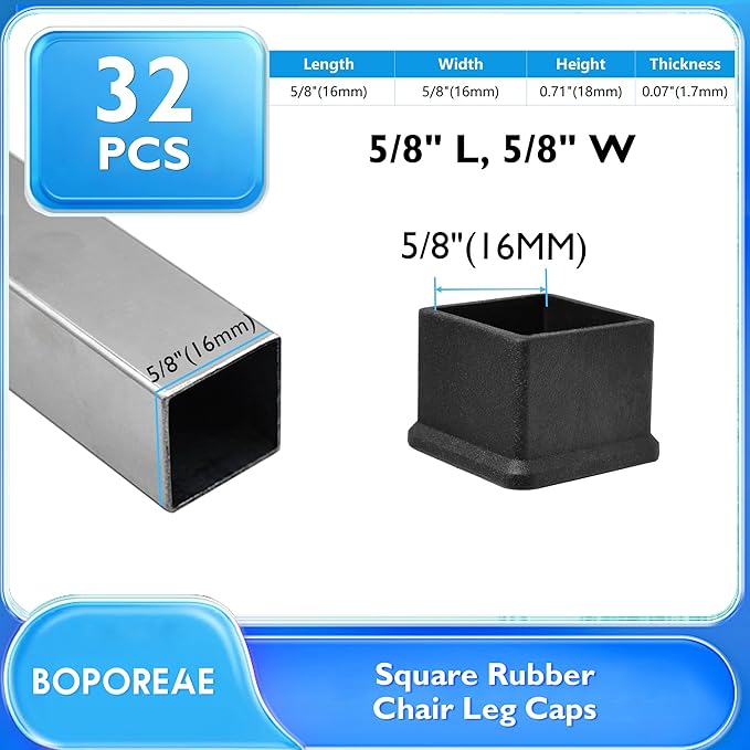 32 Pcs 5/8" x 5/8" Square Rubber Chair Leg Caps, PVC Table Leg Covers, Flexible - Image 2