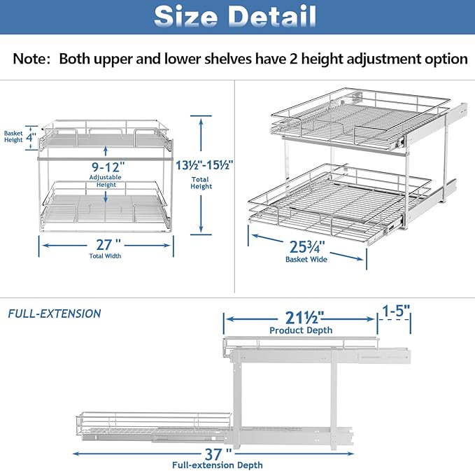 2 Tier Individual Pull Out Cabinet Organizer 27" W x 21½" D, Heavy Duty Cabinet - Image 3