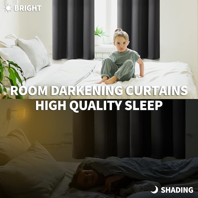 BGment Pocket Bedroom Curtains 63 Inch Long Dark Grey, Room Darkening Thermal - Image 2